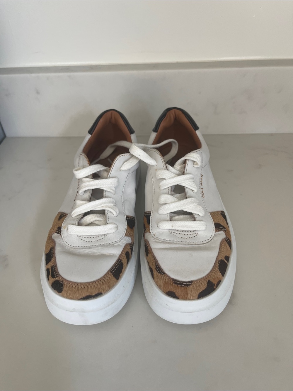 Cole Haan White Leather Sneakers with Leopard Trim